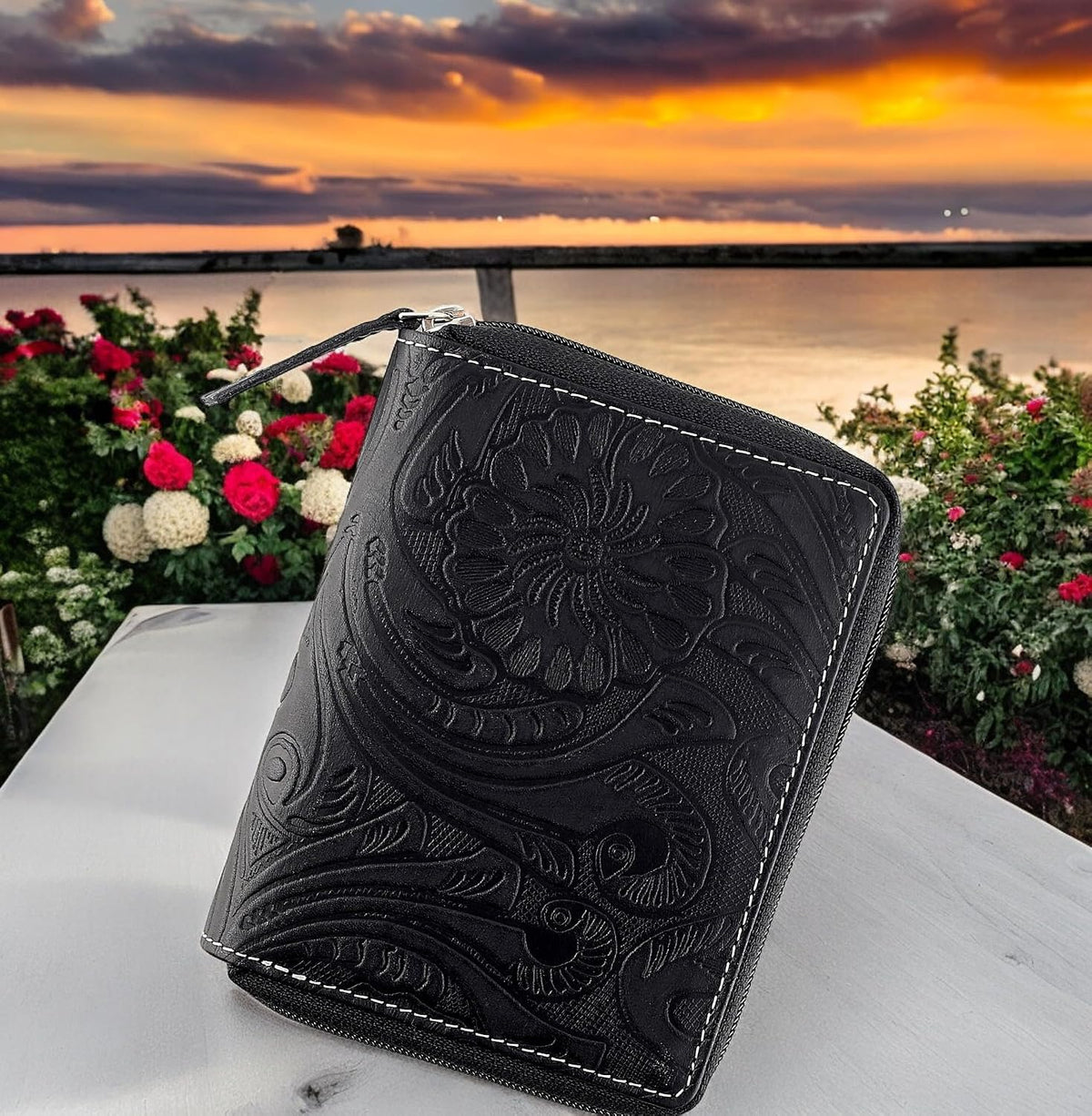Passport Wallet - Travel Document Holder w/RFID Blocking – Full Grain Leather – Bifold compact zip around Wallet with Credit Card Slots for Women and Men, black, 500-90