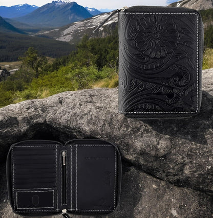 Passport Wallet - Travel Document Holder w/RFID Blocking – Full Grain Leather – Bifold compact zip around Wallet with Credit Card Slots for Women and Men, black, 500-90