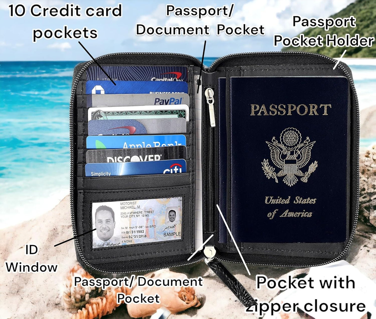 Passport Wallet - Travel Document Holder w/RFID Blocking – Full Grain Leather – Bifold compact zip around Wallet with Credit Card Slots for Women and Men, black, 500-90