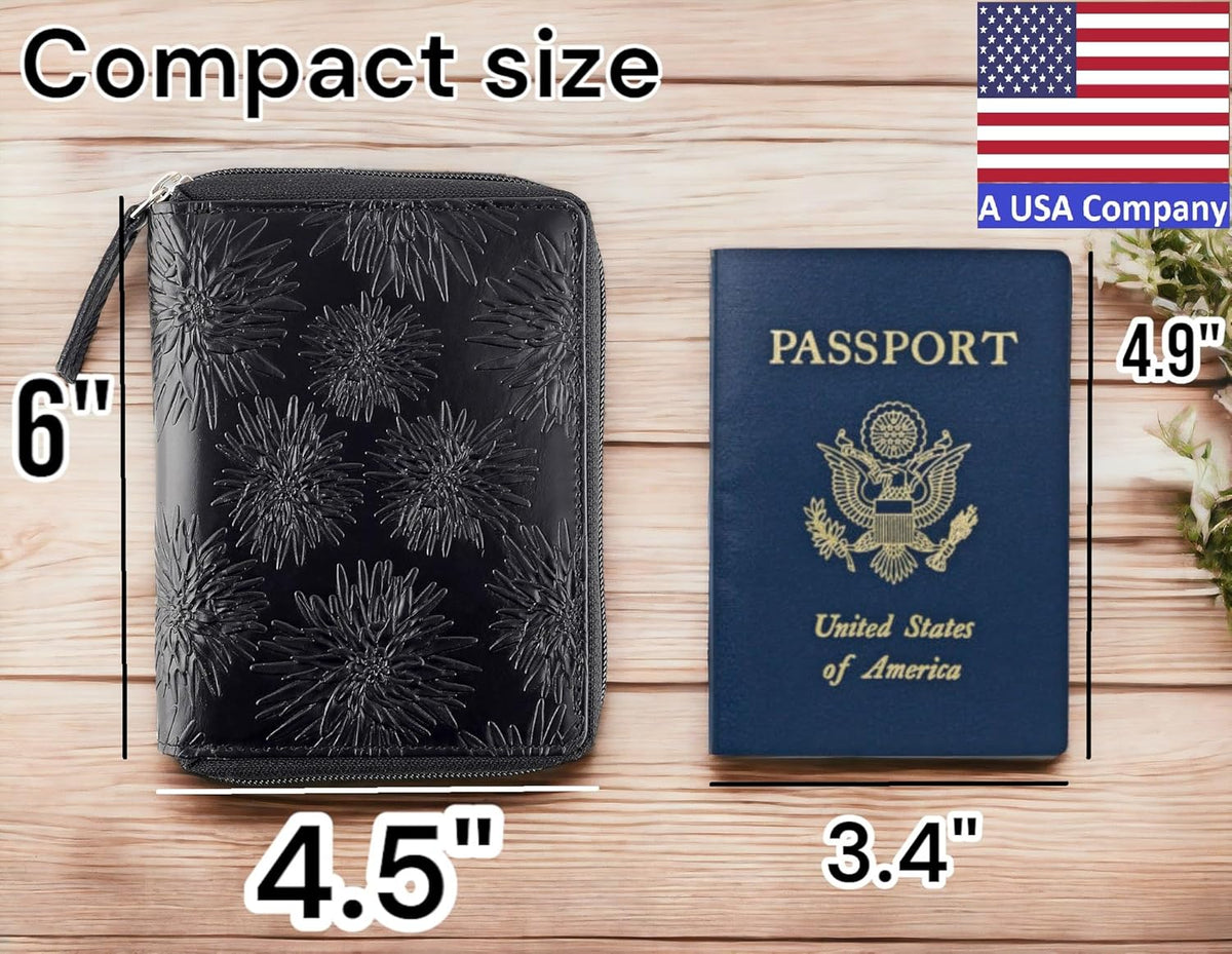 Passport Wallet - Travel Document Holder w/RFID Blocking – Full Grain Leather – Bifold compact zip around Wallet with Credit Card Slots for Women and Men, black, 500-90