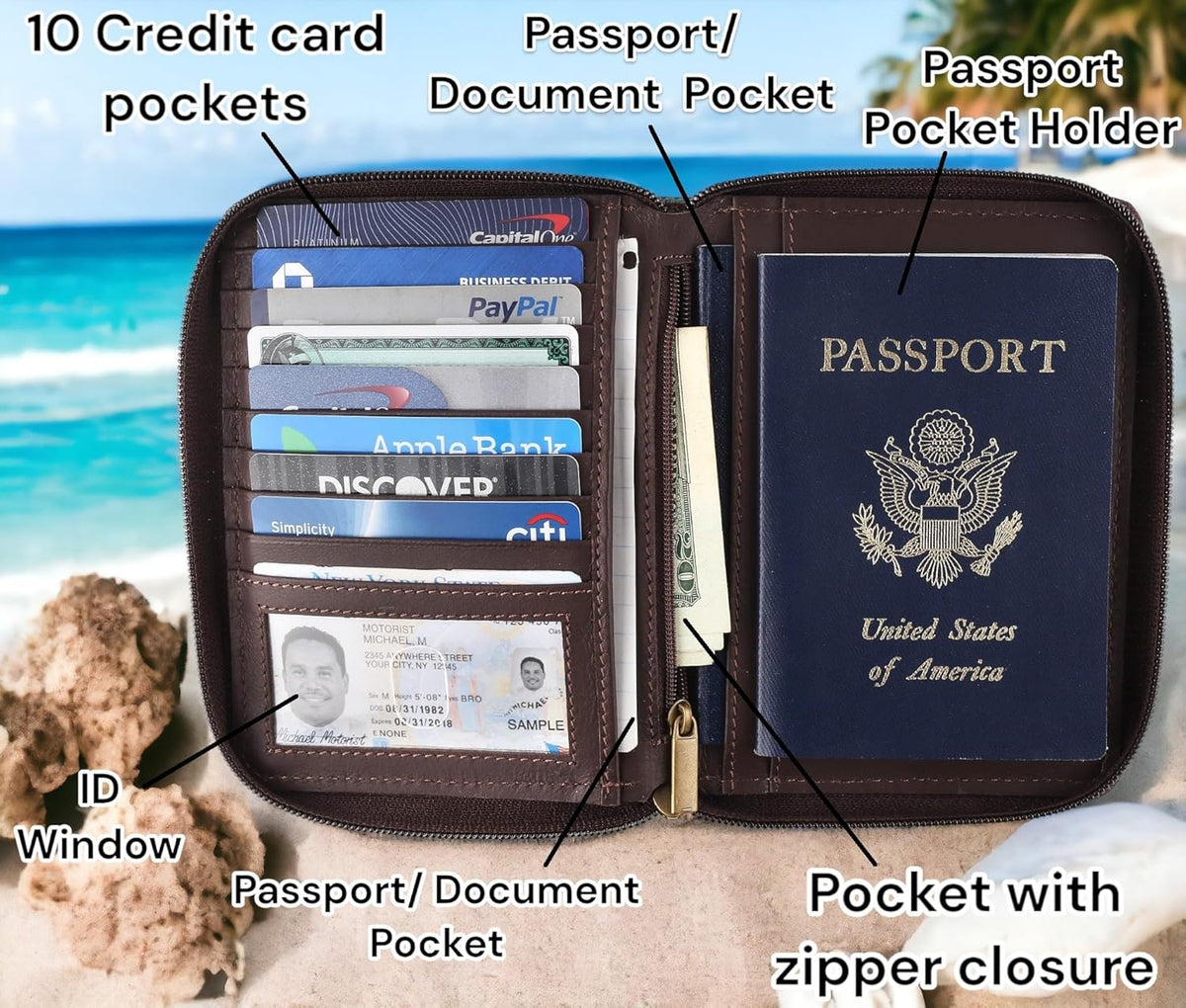 Passport Wallet - Travel Document Holder w/RFID Blocking – Full Grain Leather – Bifold compact zip around Wallet with Credit Card Slots for Women and Men, black, 500-90