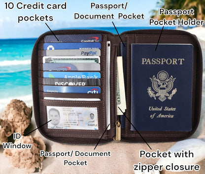 Passport Wallet - Travel Document Holder w/RFID Blocking – Full Grain Leather – Bifold compact zip around Wallet with Credit Card Slots for Women and Men, black, 500-90