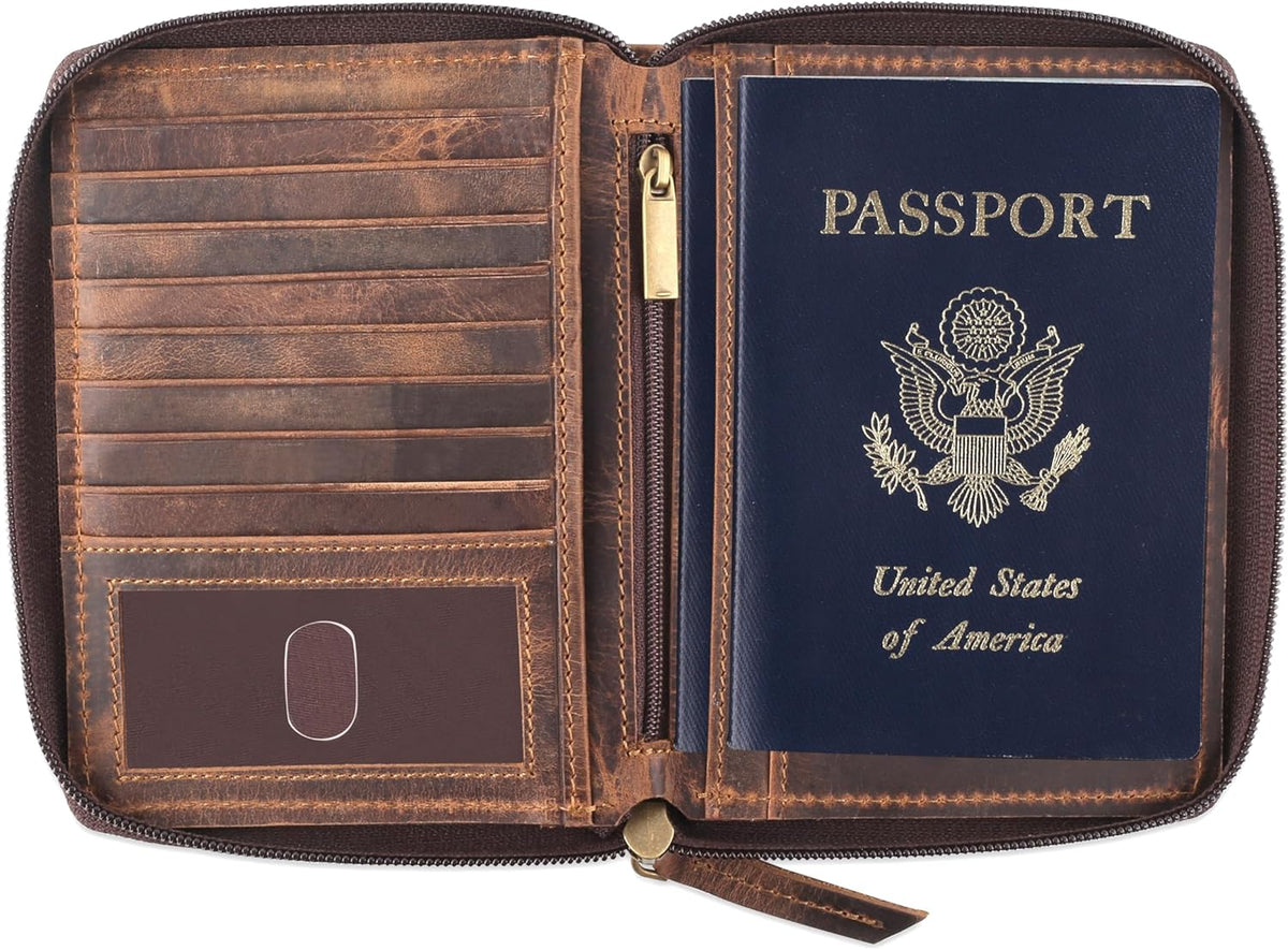 Passport Wallet - Travel Document Holder w/RFID Blocking – Full Grain Leather – Bifold compact zip around Wallet with Credit Card Slots for Women and Men, black, 500-90