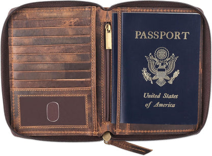 Passport Wallet - Travel Document Holder w/RFID Blocking – Full Grain Leather – Bifold compact zip around Wallet with Credit Card Slots for Women and Men, black, 500-90