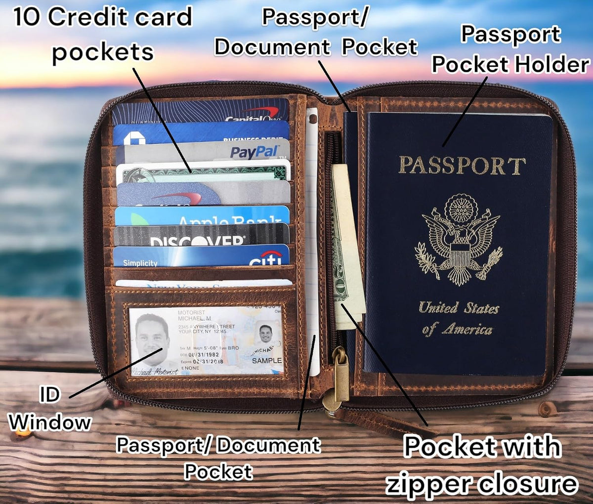 Passport Wallet - Travel Document Holder w/RFID Blocking – Full Grain Leather – Bifold compact zip around Wallet with Credit Card Slots for Women and Men, black, 500-90
