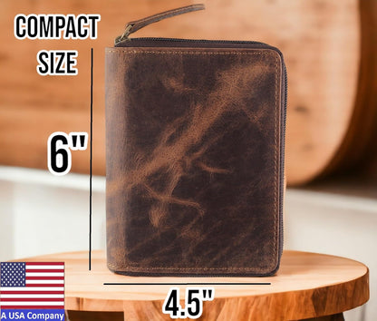 Passport Wallet - Travel Document Holder w/RFID Blocking – Full Grain Leather – Bifold compact zip around Wallet with Credit Card Slots for Women and Men, black, 500-90