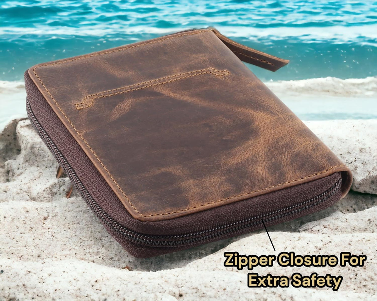 Passport Wallet - Travel Document Holder w/RFID Blocking – Full Grain Leather – Bifold compact zip around Wallet with Credit Card Slots for Women and Men, black, 500-90
