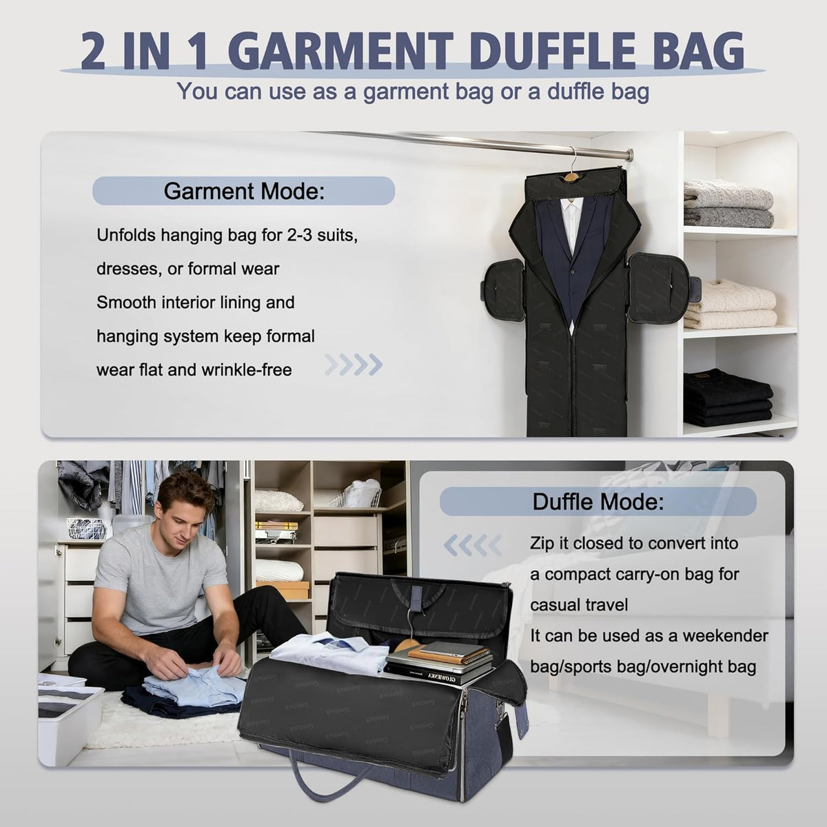 Garment Bag for Travel, Convertible Carry On Garment Duffle Bag for Women Men with Shoe Pouch & Shoulder Strap, PU Leather, 2 in 1 Hanging Suitcase Suit Bag Overnight Bags, Pink