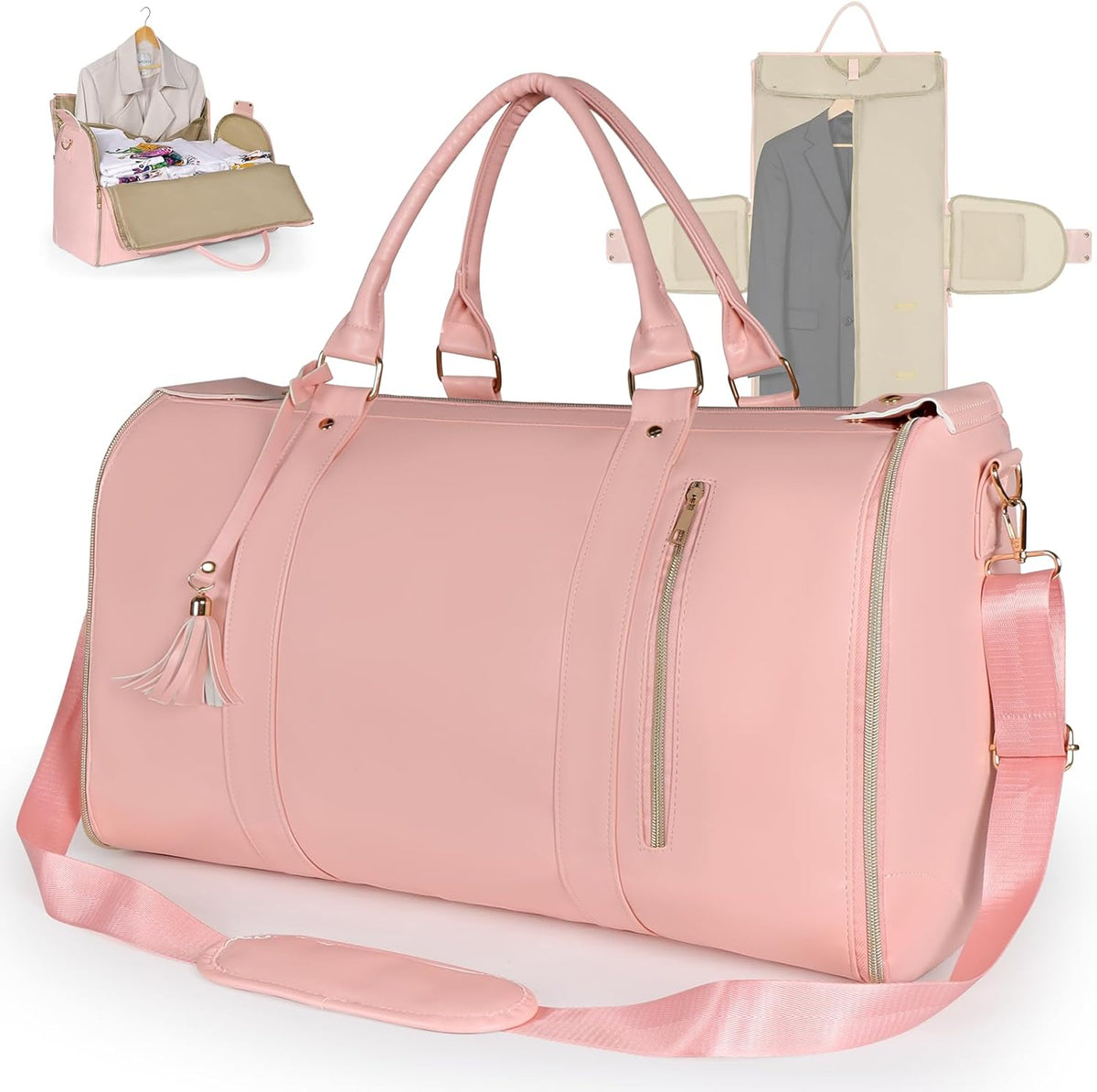 Garment Bag for Travel, Convertible Carry On Garment Duffle Bag for Women Men with Shoe Pouch & Shoulder Strap, PU Leather, 2 in 1 Hanging Suitcase Suit Bag Overnight Bags, Pink