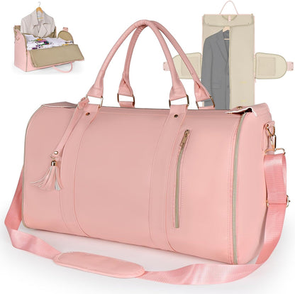 Garment Bag for Travel, Convertible Carry On Garment Duffle Bag for Women Men with Shoe Pouch & Shoulder Strap, PU Leather, 2 in 1 Hanging Suitcase Suit Bag Overnight Bags, Pink
