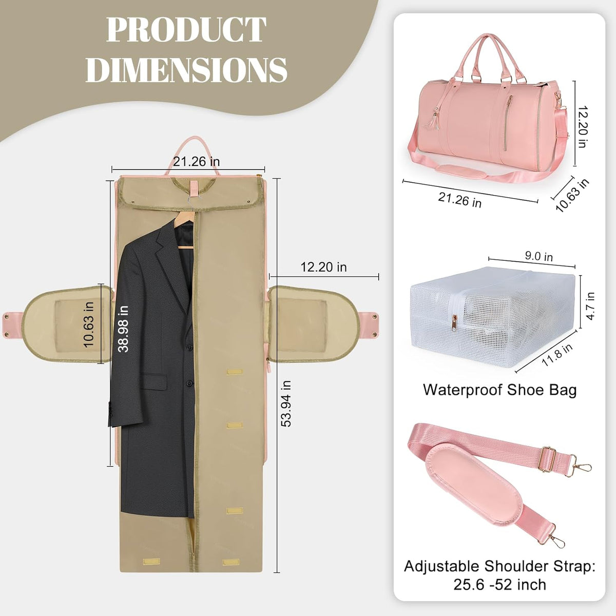 Garment Bag for Travel, Convertible Carry On Garment Duffle Bag for Women Men with Shoe Pouch & Shoulder Strap, PU Leather, 2 in 1 Hanging Suitcase Suit Bag Overnight Bags, Pink