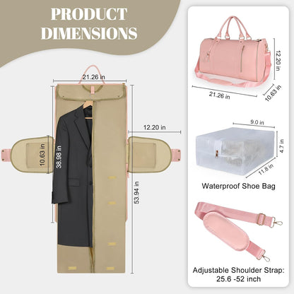 Garment Bag for Travel, Convertible Carry On Garment Duffle Bag for Women Men with Shoe Pouch & Shoulder Strap, PU Leather, 2 in 1 Hanging Suitcase Suit Bag Overnight Bags, Pink