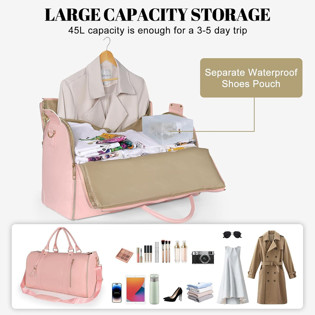 Garment Bag for Travel, Convertible Carry On Garment Duffle Bag for Women Men with Shoe Pouch & Shoulder Strap, PU Leather, 2 in 1 Hanging Suitcase Suit Bag Overnight Bags, Pink