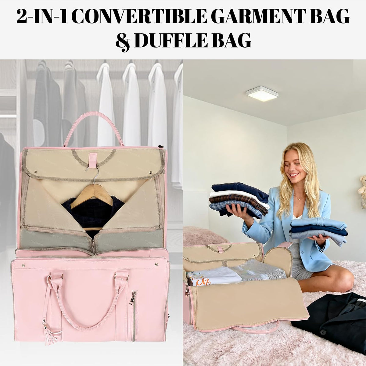 Garment Bag for Travel, Convertible Carry On Garment Duffle Bag for Women Men with Shoe Pouch & Shoulder Strap, PU Leather, 2 in 1 Hanging Suitcase Suit Bag Overnight Bags, Pink