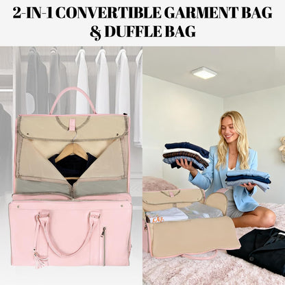 Garment Bag for Travel, Convertible Carry On Garment Duffle Bag for Women Men with Shoe Pouch & Shoulder Strap, PU Leather, 2 in 1 Hanging Suitcase Suit Bag Overnight Bags, Pink
