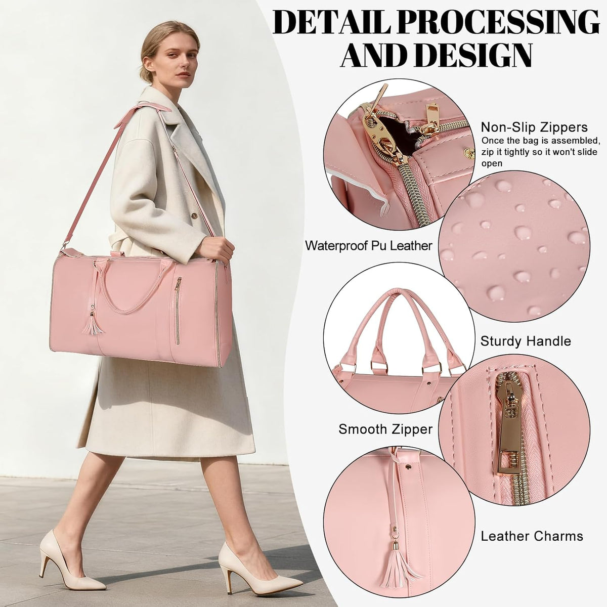 Garment Bag for Travel, Convertible Carry On Garment Duffle Bag for Women Men with Shoe Pouch & Shoulder Strap, PU Leather, 2 in 1 Hanging Suitcase Suit Bag Overnight Bags, Pink