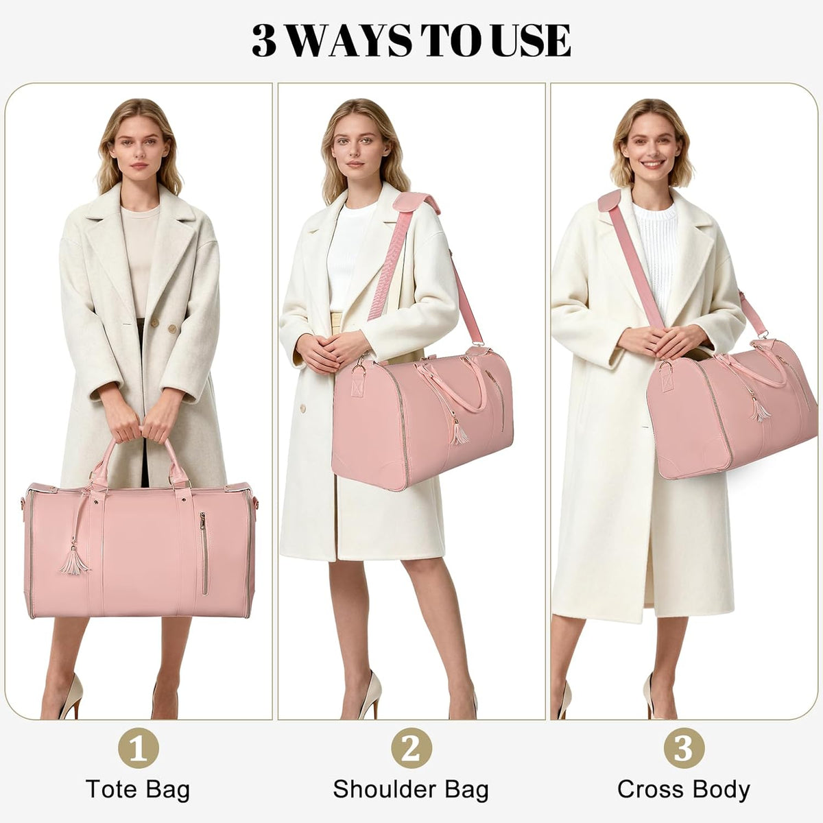 Garment Bag for Travel, Convertible Carry On Garment Duffle Bag for Women Men with Shoe Pouch & Shoulder Strap, PU Leather, 2 in 1 Hanging Suitcase Suit Bag Overnight Bags, Pink