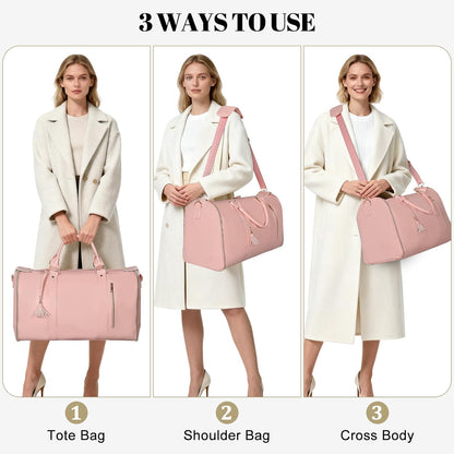 Garment Bag for Travel, Convertible Carry On Garment Duffle Bag for Women Men with Shoe Pouch & Shoulder Strap, PU Leather, 2 in 1 Hanging Suitcase Suit Bag Overnight Bags, Pink