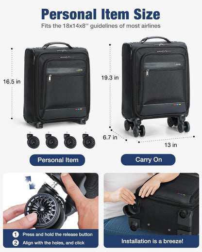 16 inch Underseat Carry On Luggage with Wheels Black | Detachable Spinner Wheels, Softside Lightweight Carry on luggage for Airplane, TSA Lock, Travel Luggage for Men Women