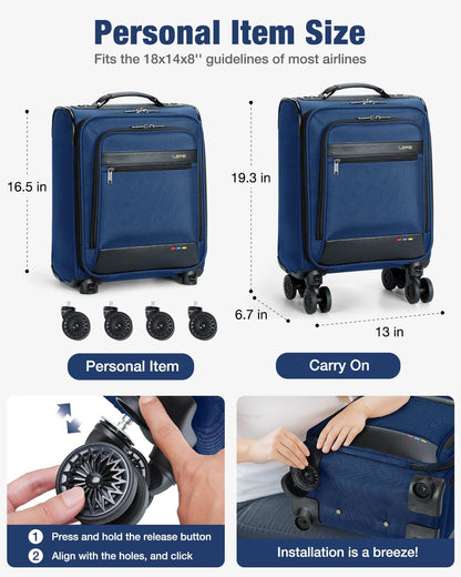 16 inch Underseat Carry On Luggage with Wheels Black | Detachable Spinner Wheels, Softside Lightweight Carry on luggage for Airplane, TSA Lock, Travel Luggage for Men Women