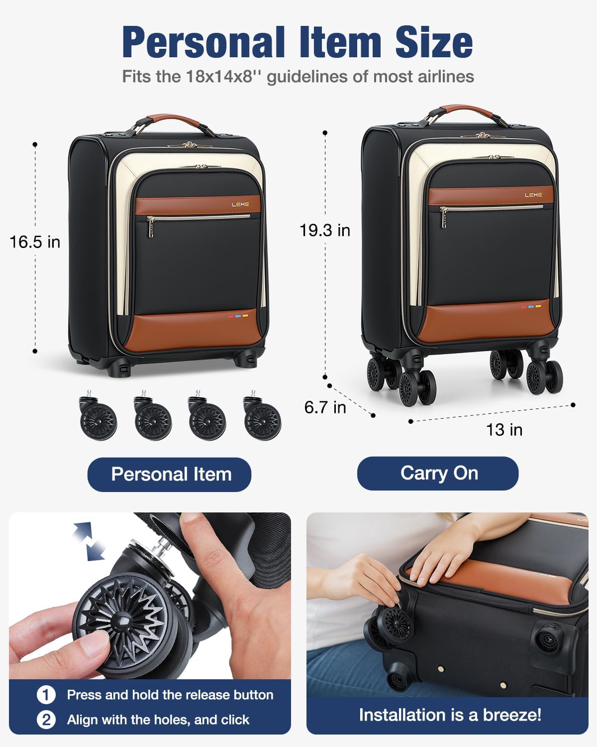 16 inch Underseat Carry On Luggage with Wheels Black | Detachable Spinner Wheels, Softside Lightweight Carry on luggage for Airplane, TSA Lock, Travel Luggage for Men Women