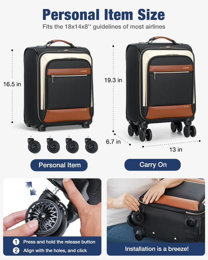 16 inch Underseat Carry On Luggage with Wheels Black | Detachable Spinner Wheels, Softside Lightweight Carry on luggage for Airplane, TSA Lock, Travel Luggage for Men Women