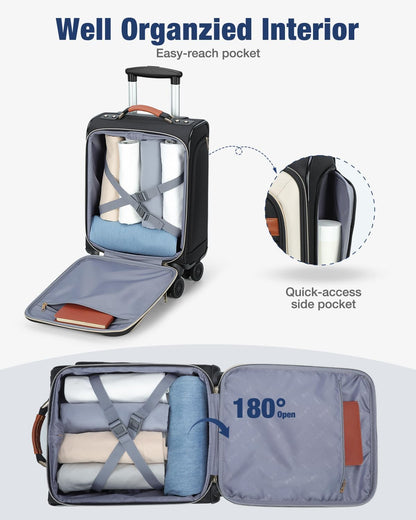 16 inch Underseat Carry On Luggage with Wheels Black | Detachable Spinner Wheels, Softside Lightweight Carry on luggage for Airplane, TSA Lock, Travel Luggage for Men Women