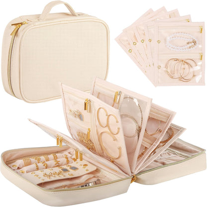 Travel Jewelry Case Organizer for Women, Jewelry Storage Book with Small Pouch, Travel Jewelry Bag Case for Traveling Necklace, Earrings, Rings, Bracelet Organizer (Beige)