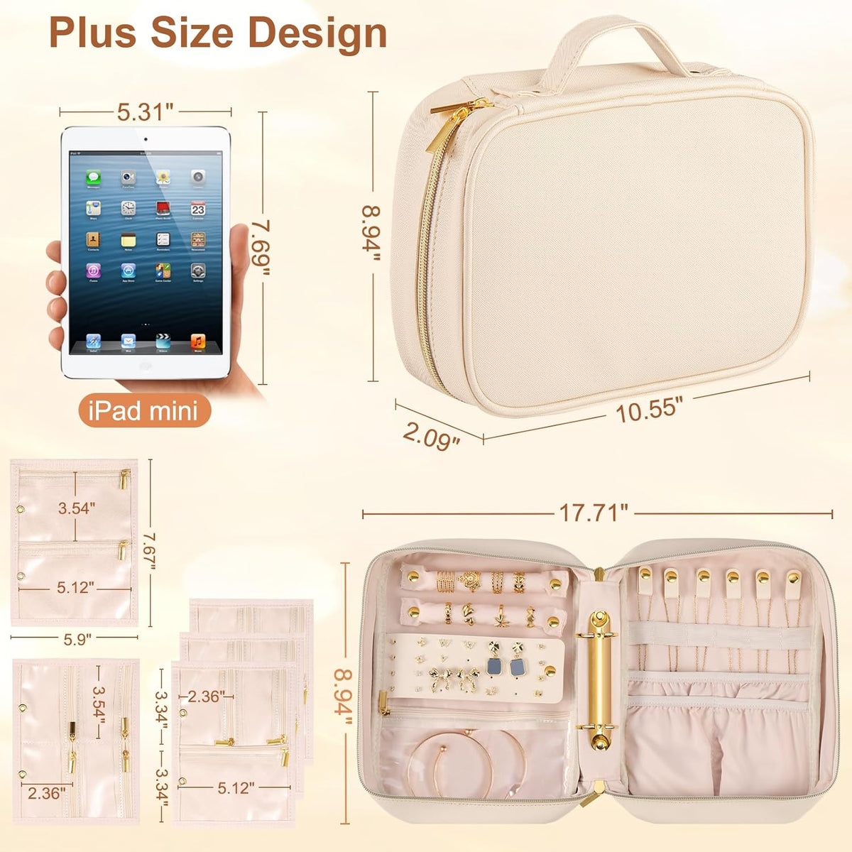 Travel Jewelry Case Organizer for Women, Jewelry Storage Book with Small Pouch, Travel Jewelry Bag Case for Traveling Necklace, Earrings, Rings, Bracelet Organizer (Beige)