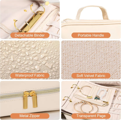 Travel Jewelry Case Organizer for Women, Jewelry Storage Book with Small Pouch, Travel Jewelry Bag Case for Traveling Necklace, Earrings, Rings, Bracelet Organizer (Beige)