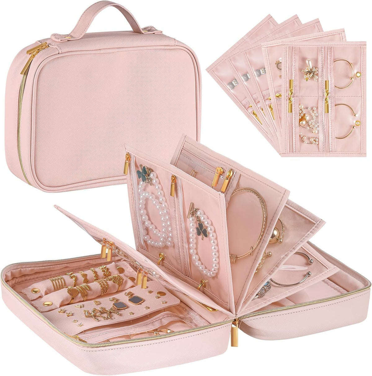 Travel Jewelry Case Organizer for Women, Jewelry Storage Book with Small Pouch, Travel Jewelry Bag Case for Traveling Necklace, Earrings, Rings, Bracelet Organizer (Beige)