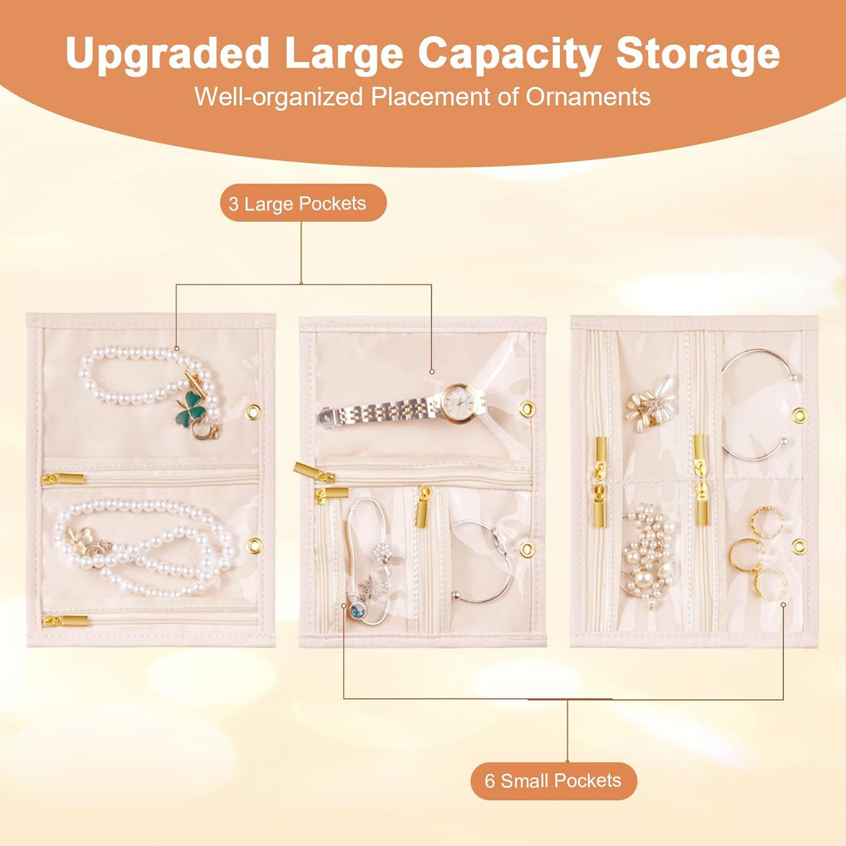 Travel Jewelry Case Organizer for Women, Jewelry Storage Book with Small Pouch, Travel Jewelry Bag Case for Traveling Necklace, Earrings, Rings, Bracelet Organizer (Beige)
