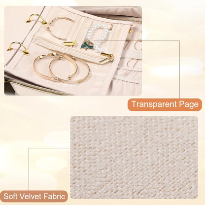 Travel Jewelry Case Organizer for Women, Jewelry Storage Book with Small Pouch, Travel Jewelry Bag Case for Traveling Necklace, Earrings, Rings, Bracelet Organizer (Beige)