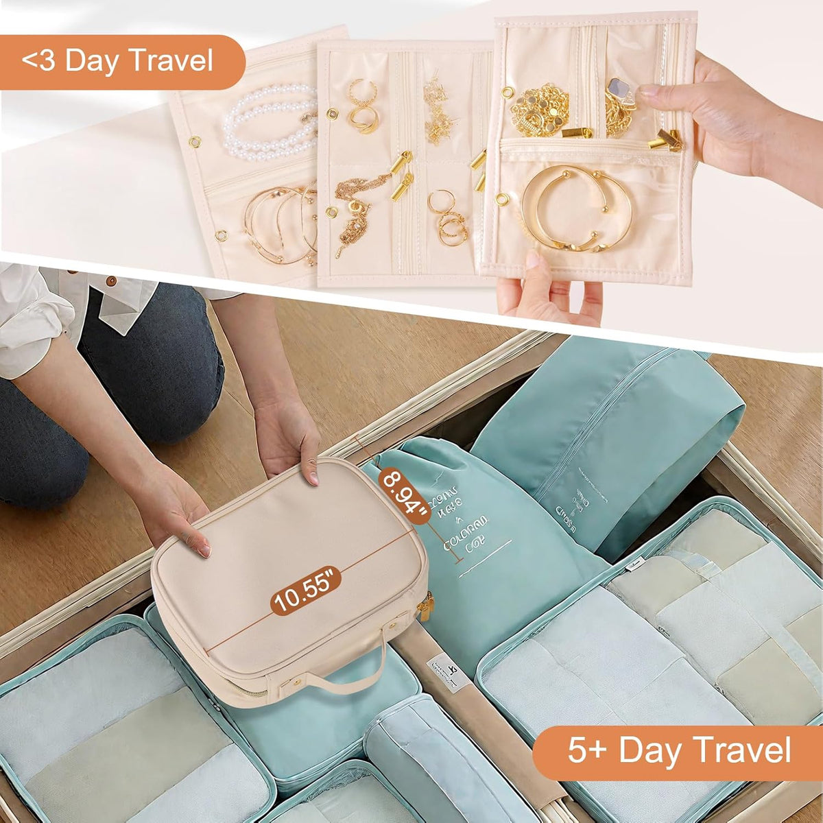 Travel Jewelry Case Organizer for Women, Jewelry Storage Book with Small Pouch, Travel Jewelry Bag Case for Traveling Necklace, Earrings, Rings, Bracelet Organizer (Beige)