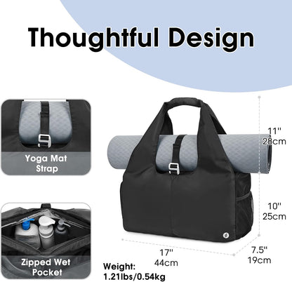 Tote Yoga Mat Gym Bag 20L Women W/Shoe Compartment Wet Dry Pocket | Water-Resistant Gym Tote - Mat Strap, Ventilated Shoe Bin, Wet Pocket, Padded Handle, Multi Pockets, Side Mesh & Key Clip