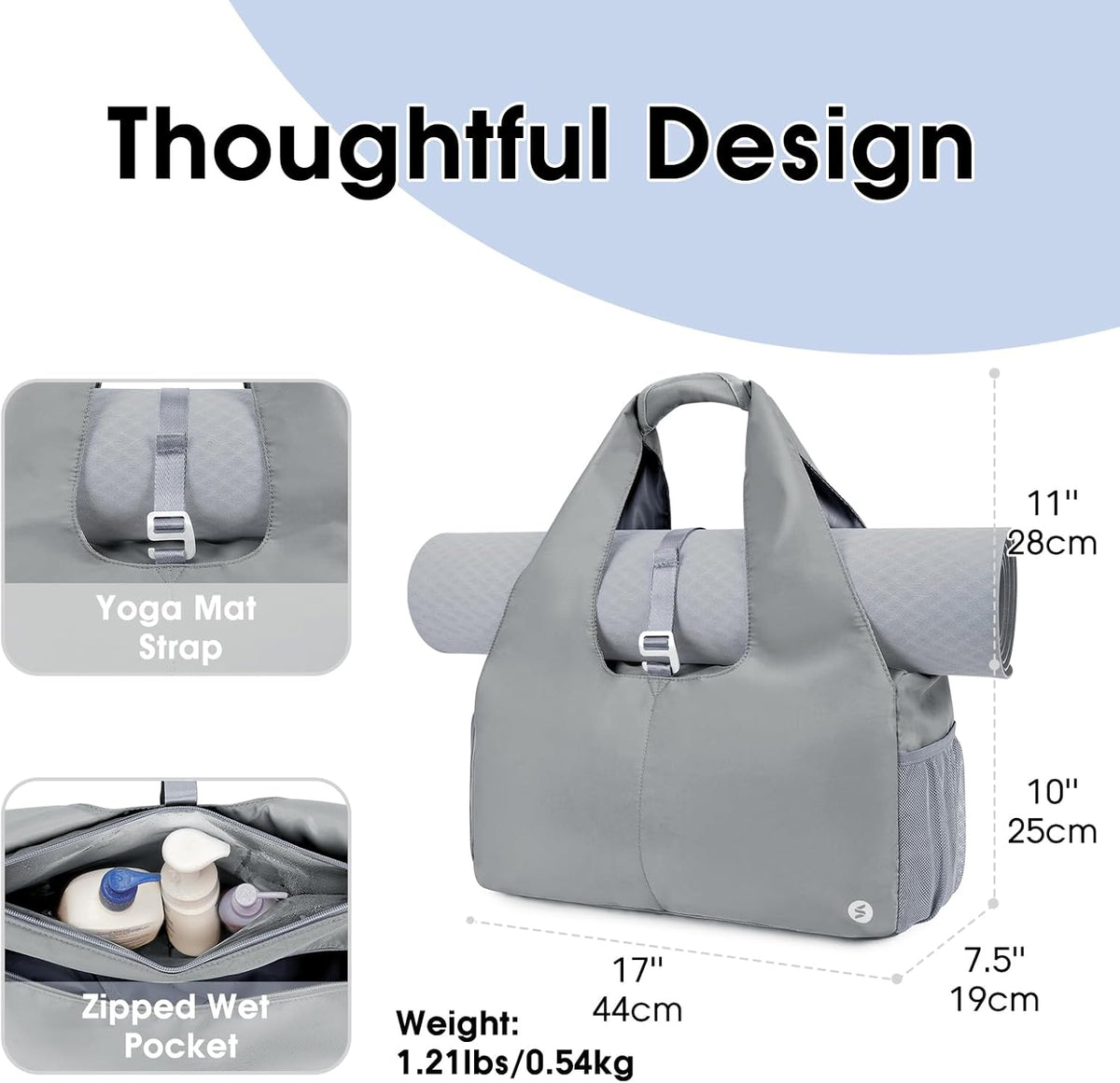 Tote Yoga Mat Gym Bag 20L Women W/Shoe Compartment Wet Dry Pocket | Water-Resistant Gym Tote - Mat Strap, Ventilated Shoe Bin, Wet Pocket, Padded Handle, Multi Pockets, Side Mesh & Key Clip