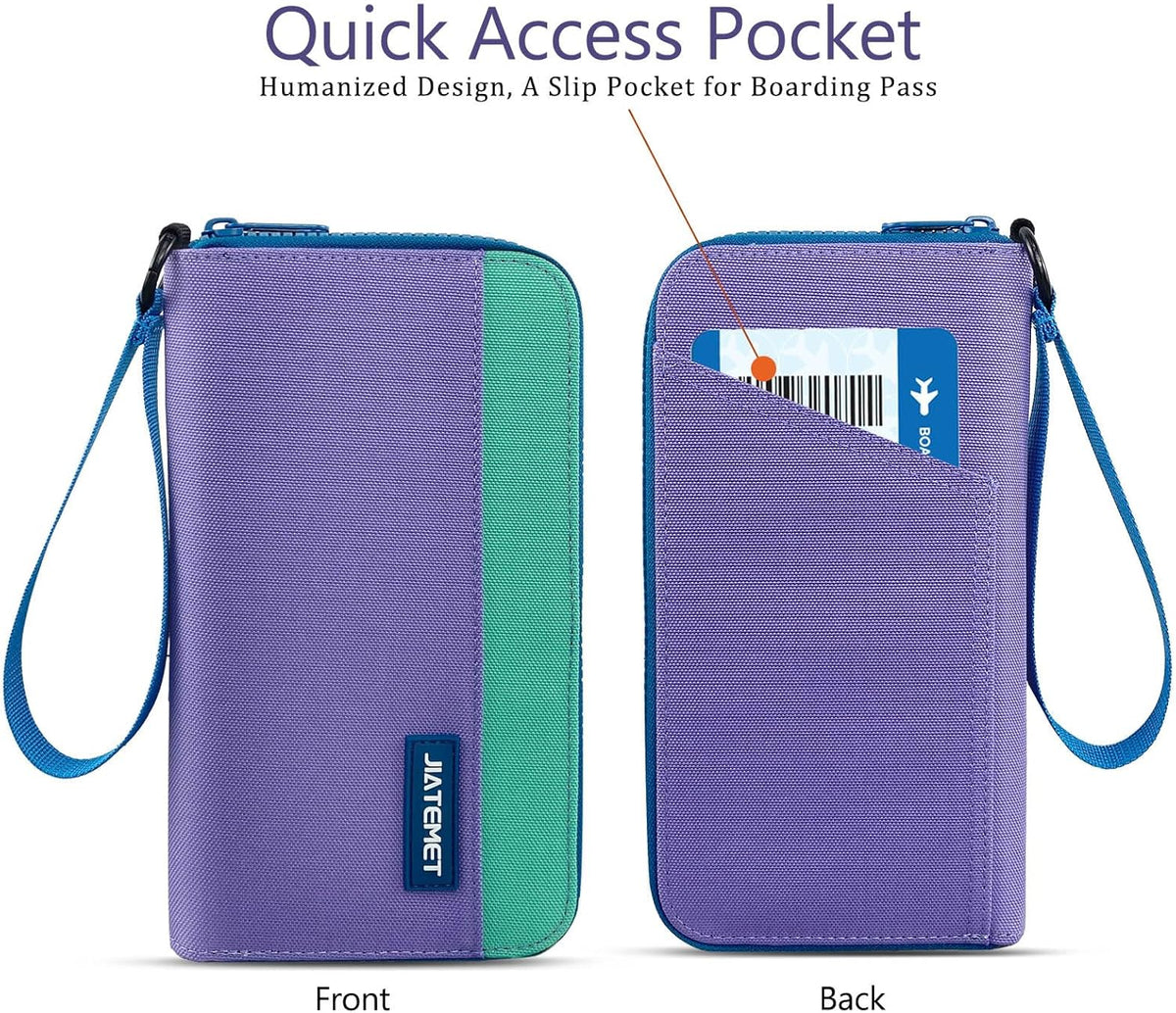 Passport Holder Family with RFID Blocking, Passport Wallet Women Men, Travel Document Organizer with Wrist Strap Holds Multiple Passports & Boarding Passes (Purple)