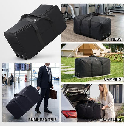 140L Large Collapsible Rolling Duffel Bag with Wheels for Vacation | Foldable 1680D Oxford Heavy Duty Extra Large Wheeled Roller Duffle Bag for Men Women Luggage, Large Capacity, Black