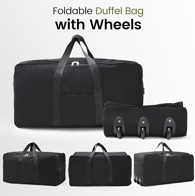 140L Large Collapsible Rolling Duffel Bag with Wheels for Vacation | Foldable 1680D Oxford Heavy Duty Extra Large Wheeled Roller Duffle Bag for Men Women Luggage, Large Capacity, Black