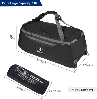 140L Large Collapsible Rolling Duffel Bag with Wheels for Vacation | Foldable 1680D Oxford Heavy Duty Extra Large Wheeled Roller Duffle Bag for Men Women Luggage, Large Capacity, Black
