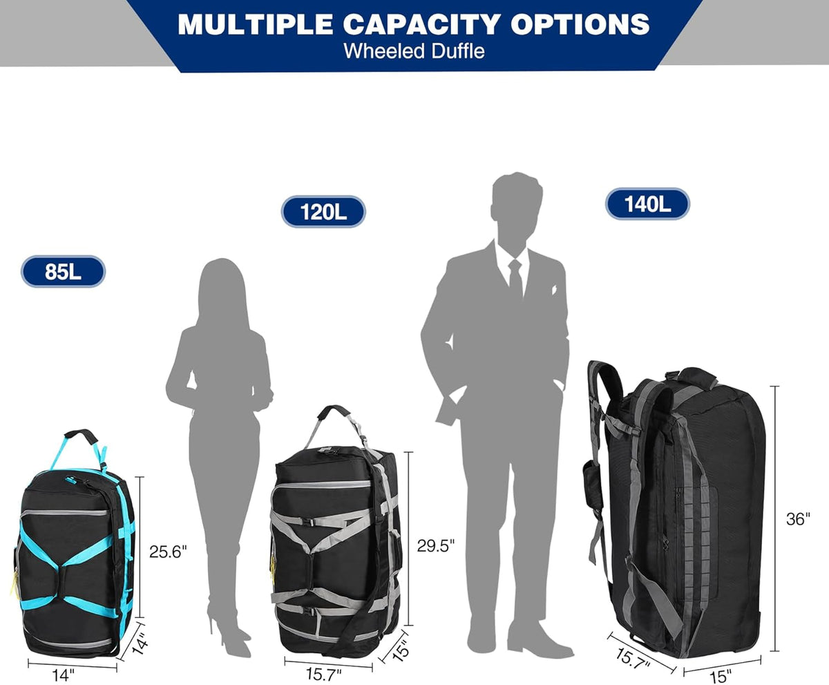 140L Large Collapsible Rolling Duffel Bag with Wheels for Vacation | Foldable 1680D Oxford Heavy Duty Extra Large Wheeled Roller Duffle Bag for Men Women Luggage, Large Capacity, Black