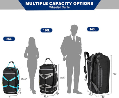 140L Large Collapsible Rolling Duffel Bag with Wheels for Vacation | Foldable 1680D Oxford Heavy Duty Extra Large Wheeled Roller Duffle Bag for Men Women Luggage, Large Capacity, Black
