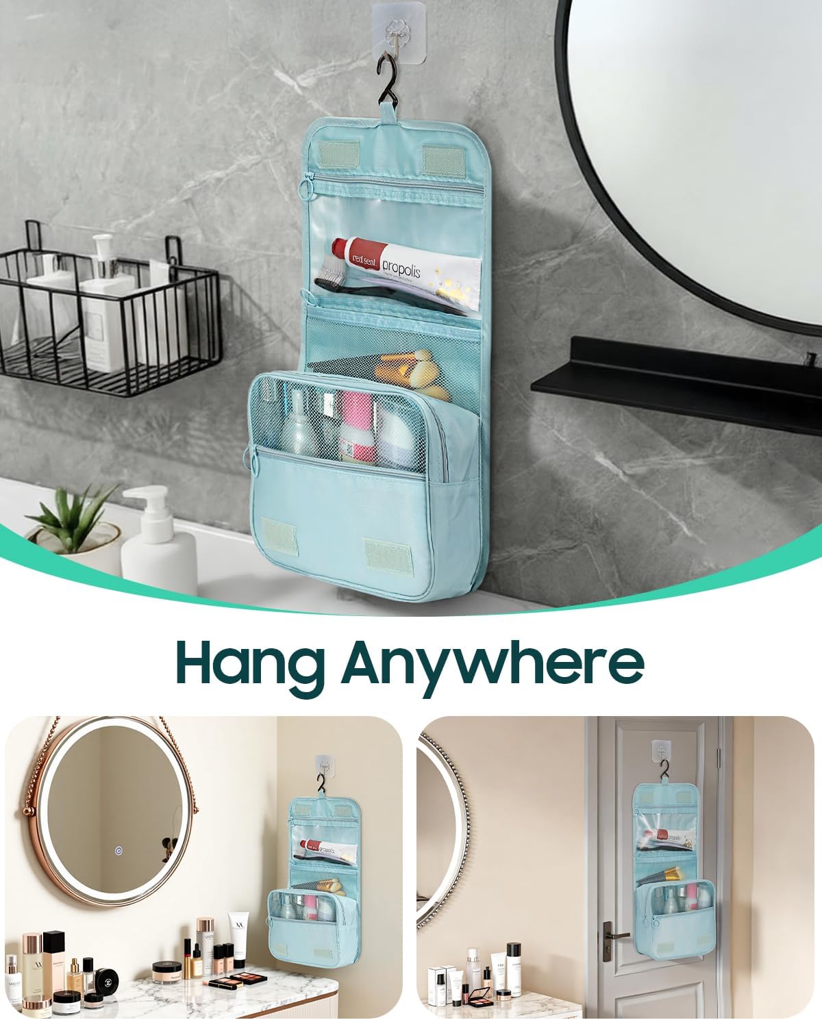 Toiletry Bag, Large Capacity Hanging Makeup Bag with Waterproof PVC Compartment, Travel Cosmetic Organizer for Women, Makeup Lovers, Cruise, Gym, and Family Trips, Blue