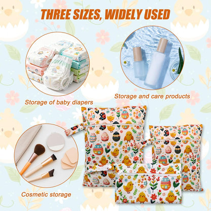 3pcs Cloth Diaper Wet Dry Bags Waterproof Reusable with Two Zippered Pockets Travel Beach Pool Daycare Soiled Baby Items Yoga Gym Bag for Swimsuits or Wet Clothes (PENGUIN)