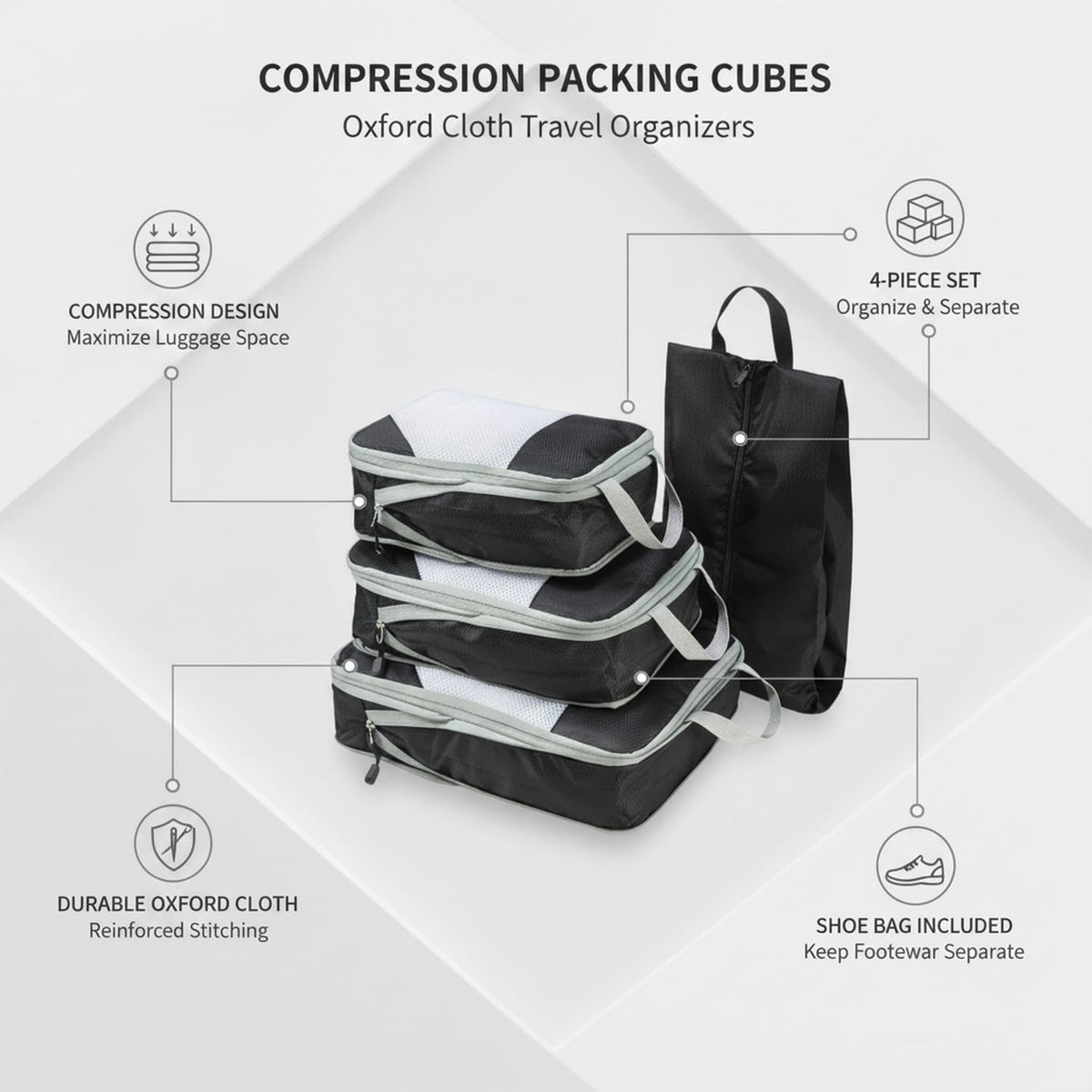 Compression Packing Cubes, Oxford Cloth Travel Organizers for Luggage, 4-Pack Carry-On Space Savers (Set of 4)