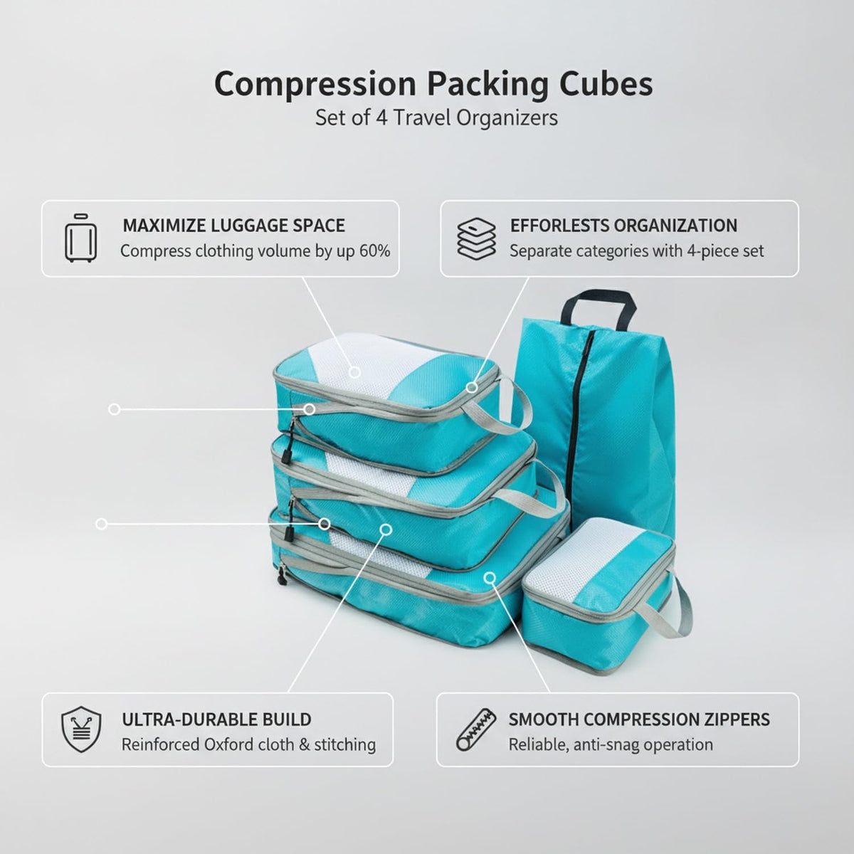 Compression Packing Cubes, Oxford Cloth Travel Organizers for Luggage, 4-Pack Carry-On Space Savers (Set of 4)