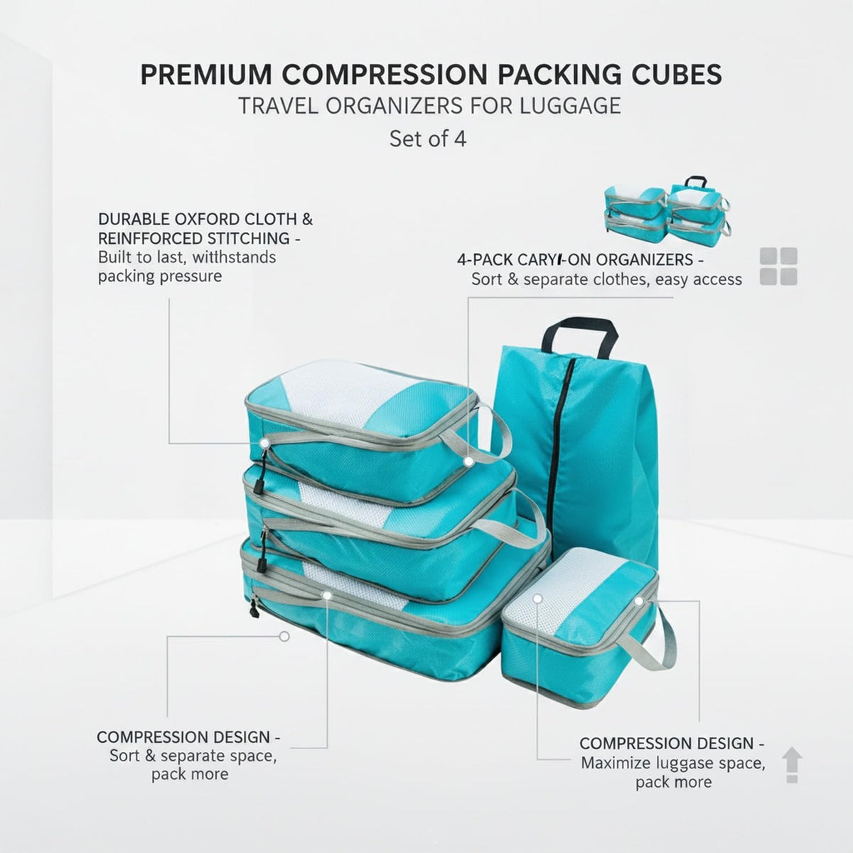 Compression Packing Cubes, Oxford Cloth Travel Organizers for Luggage, 4-Pack Carry-On Space Savers (Set of 4)