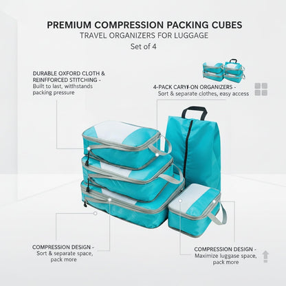 Compression Packing Cubes, Oxford Cloth Travel Organizers for Luggage, 4-Pack Carry-On Space Savers (Set of 4)