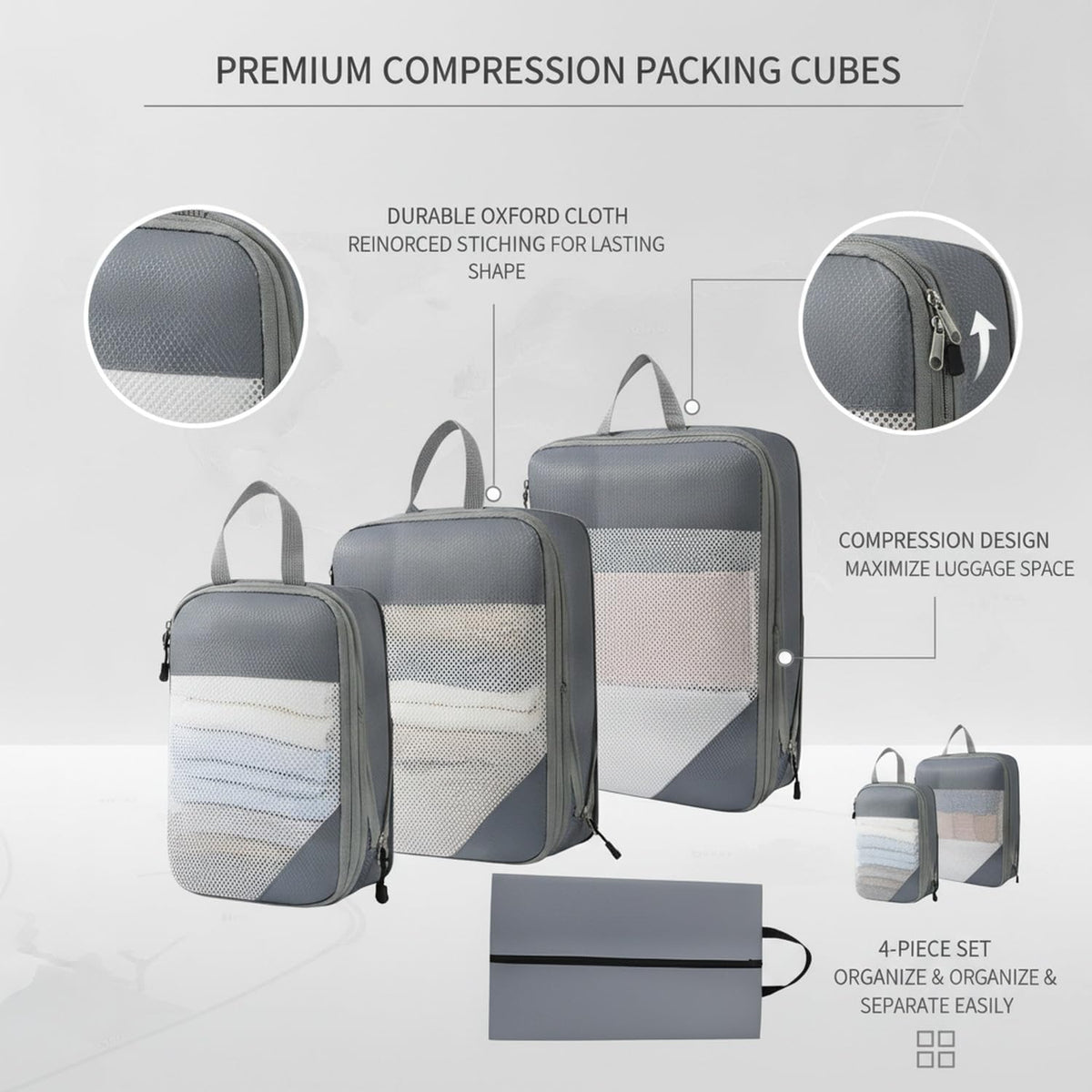 Compression Packing Cubes, Oxford Cloth Travel Organizers for Luggage, 4-Pack Carry-On Space Savers (Set of 4)