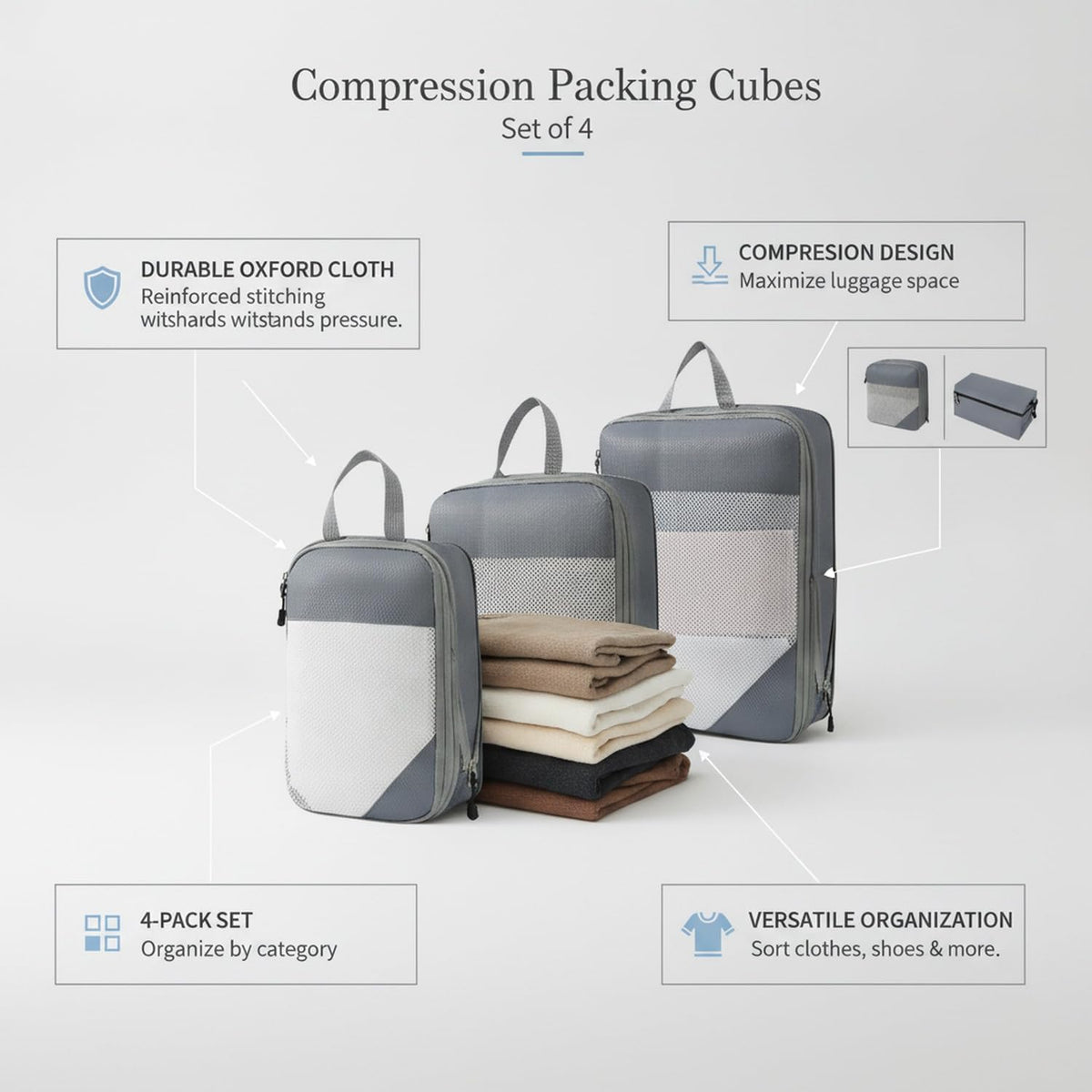 Compression Packing Cubes, Oxford Cloth Travel Organizers for Luggage, 4-Pack Carry-On Space Savers (Set of 4)
